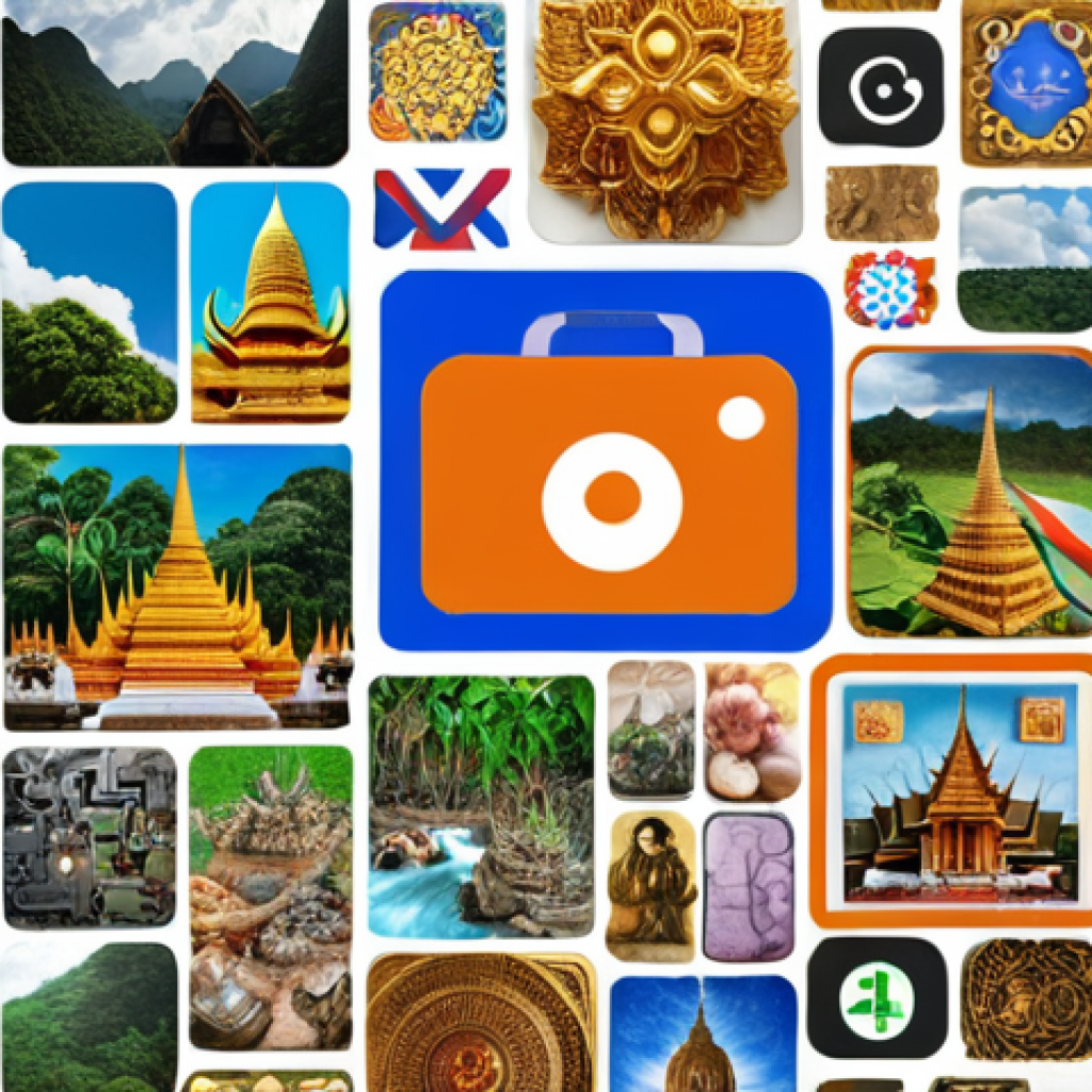**Prompt:** A vibrant collage illustrating the concept of digital commons in Thailand. Include elements like the Wikipedia logo, open-source software icons, and a Creative Commons license symbol, all interwoven with Thai cultural motifs and landscapes, showcasing the power of shared knowledge and collaboration.