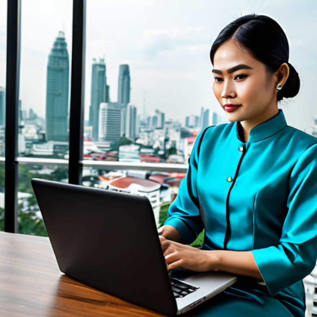 **

"A professional Thai businesswoman in a modest, elegant Thai silk dress, working on a laptop at a modern co-working space in Bangkok. The background shows the city skyline. Fully clothed, appropriate attire, safe for work, perfect anatomy, natural proportions, professional lighting, family-friendly."

**