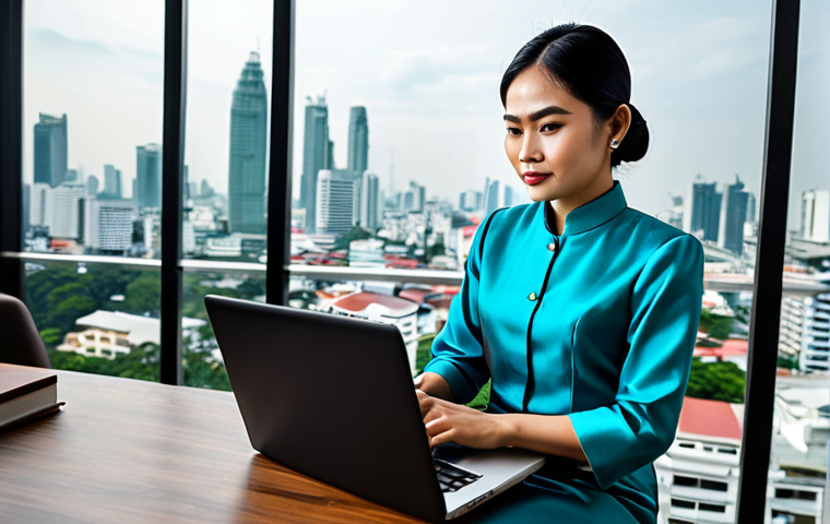 **

"A professional Thai businesswoman in a modest, elegant Thai silk dress, working on a laptop at a modern co-working space in Bangkok. The background shows the city skyline. Fully clothed, appropriate attire, safe for work, perfect anatomy, natural proportions, professional lighting, family-friendly."

**