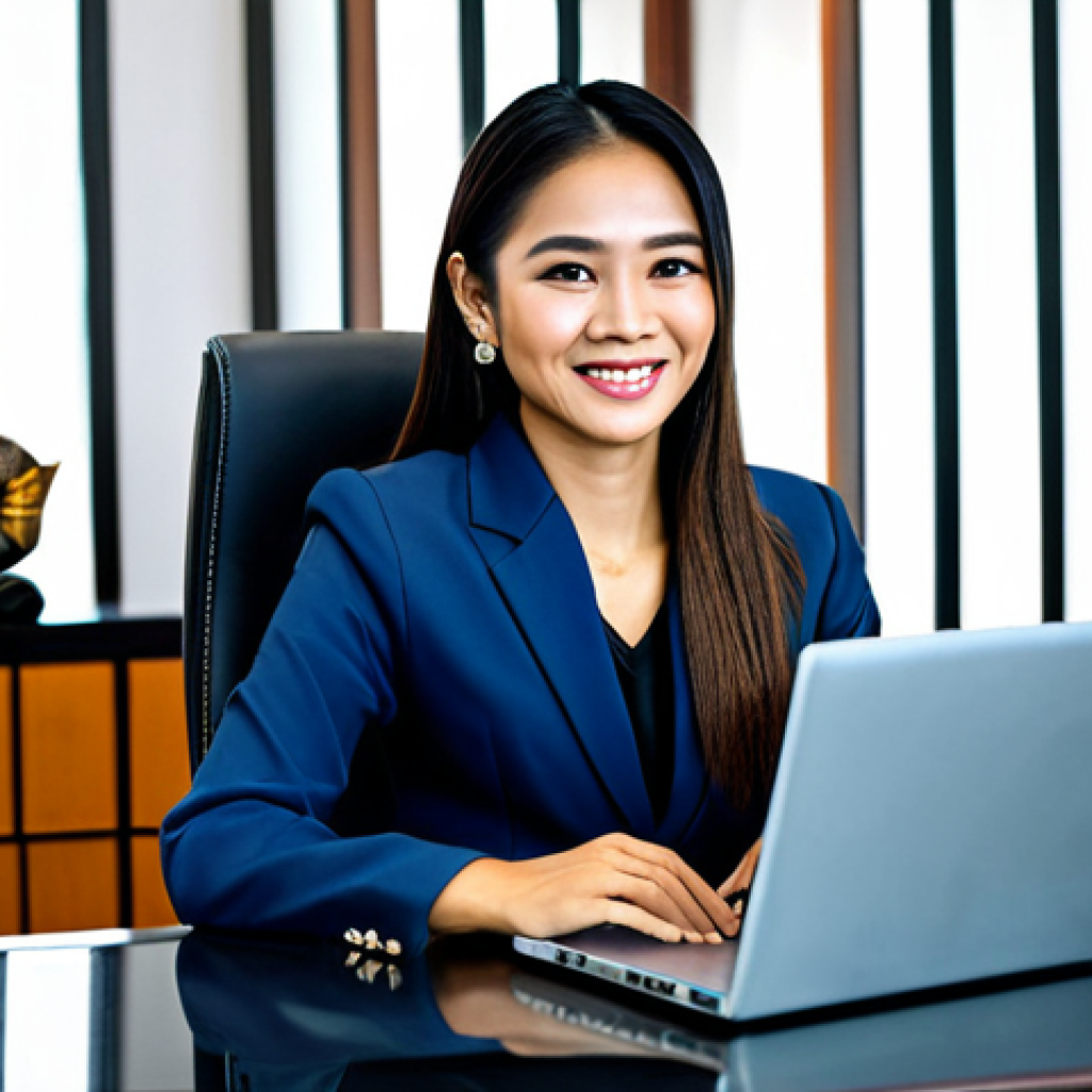 **

"A professional Thai businesswoman in a modest business suit, smiling confidently while working on a laptop in a modern Bangkok office with traditional Thai decorations, fully clothed, appropriate attire, safe for work, perfect anatomy, natural proportions, professional photography, high quality, family-friendly."

**