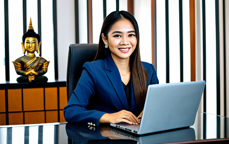 **

"A professional Thai businesswoman in a modest business suit, smiling confidently while working on a laptop in a modern Bangkok office with traditional Thai decorations, fully clothed, appropriate attire, safe for work, perfect anatomy, natural proportions, professional photography, high quality, family-friendly."

**