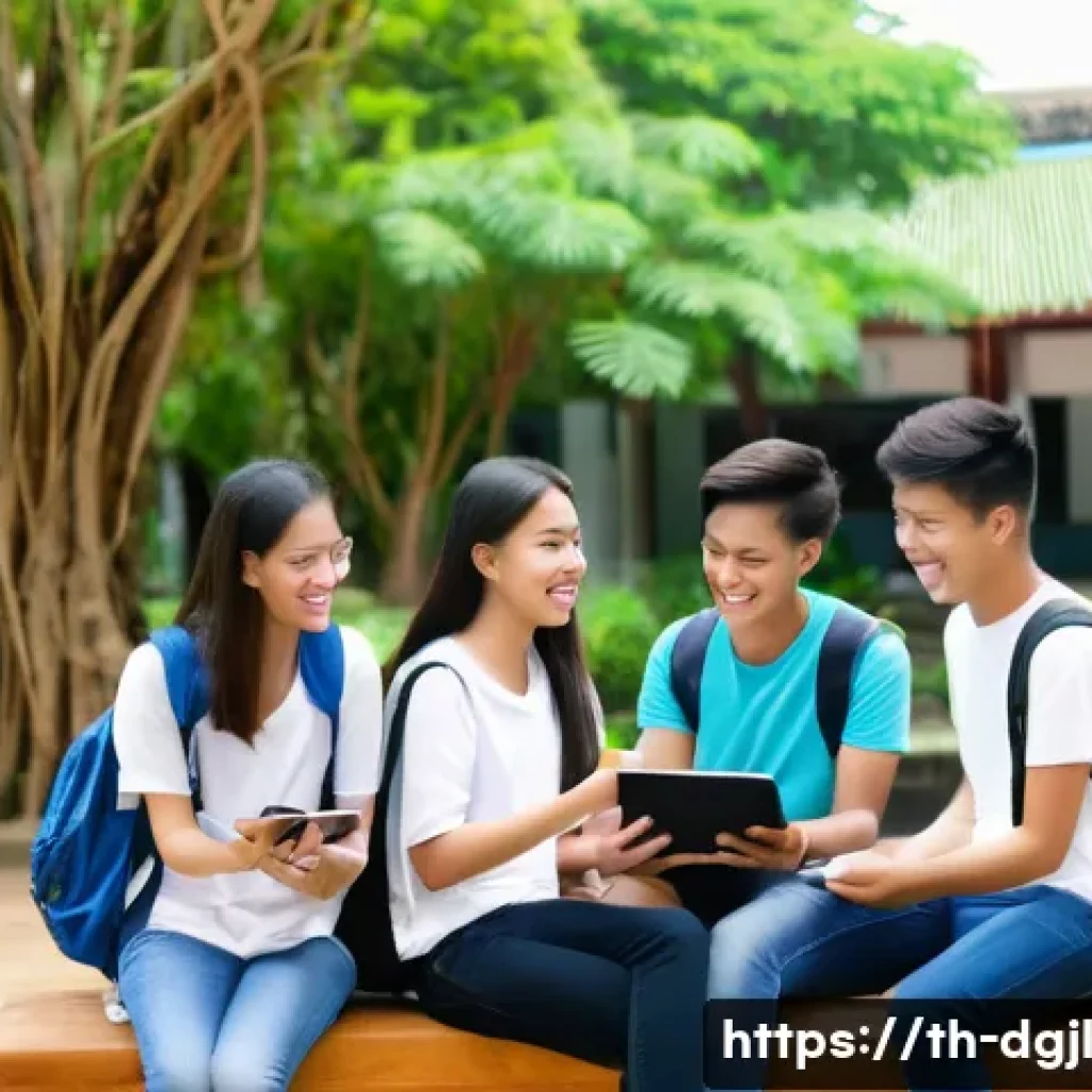 디지털 공유지와 교육의 통합 - **Prompt:** A vibrant and diverse group of Thai teenagers and young adults, dressed in comfortable, ...