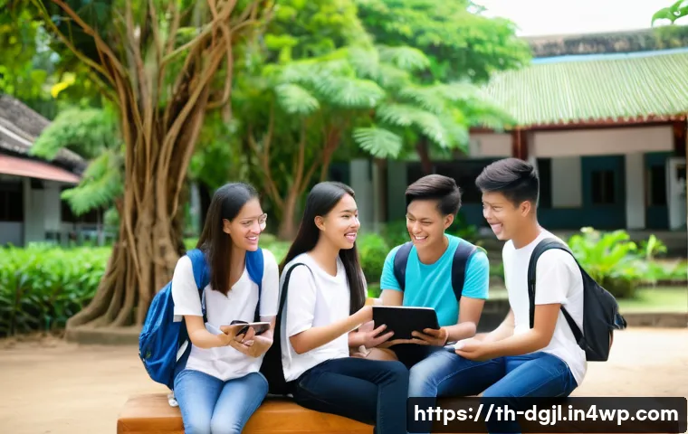 디지털 공유지와 교육의 통합 - **Prompt:** A vibrant and diverse group of Thai teenagers and young adults, dressed in comfortable, ...