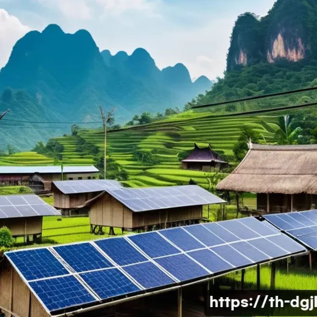 디지털 공유지의 격차 해소 방안 - A rural Thai village scene featuring a community center with newly installed 5G internet antennas on...