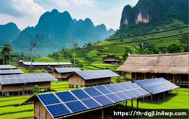 디지털 공유지의 격차 해소 방안 - A rural Thai village scene featuring a community center with newly installed 5G internet antennas on...