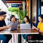 Home 22 디지털 공유지의 사회적 네트워크 - A vibrant digital social network scene showing diverse Thai adults using various social media platfo...