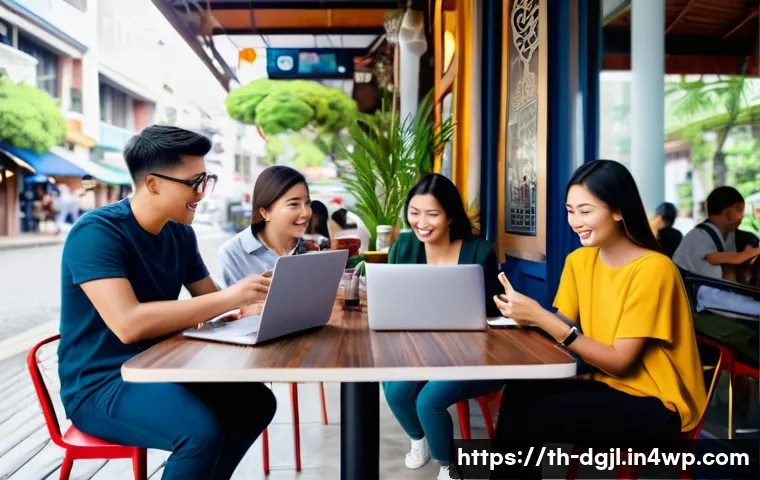 디지털 공유지의 사회적 네트워크 - A vibrant digital social network scene showing diverse Thai adults using various social media platfo...