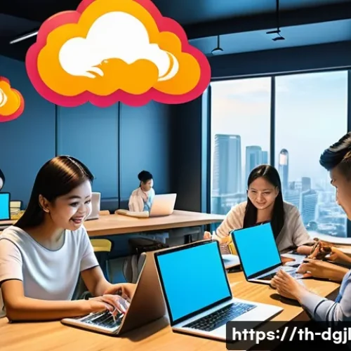 Home 33 디지털 공유지와 공공재의 차이 - A modern digital sharing scene showing diverse Thai people in an urban co-working space using variou...
