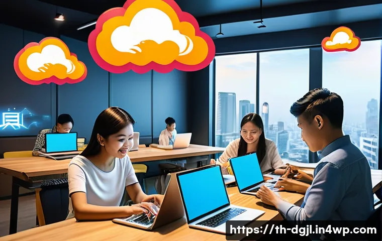 디지털 공유지와 공공재의 차이 - A modern digital sharing scene showing diverse Thai people in an urban co-working space using variou...