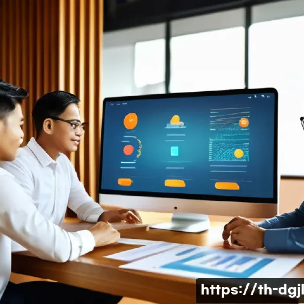 디지털 공유지의 효과적인 관리 전략 - A modern digital workspace scene showing a diverse group of Thai professionals collaborating around ...