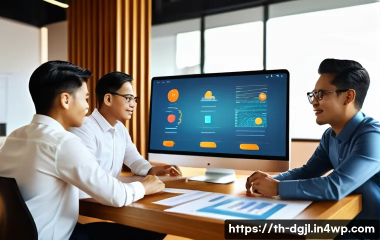 디지털 공유지의 효과적인 관리 전략 - A modern digital workspace scene showing a diverse group of Thai professionals collaborating around ...