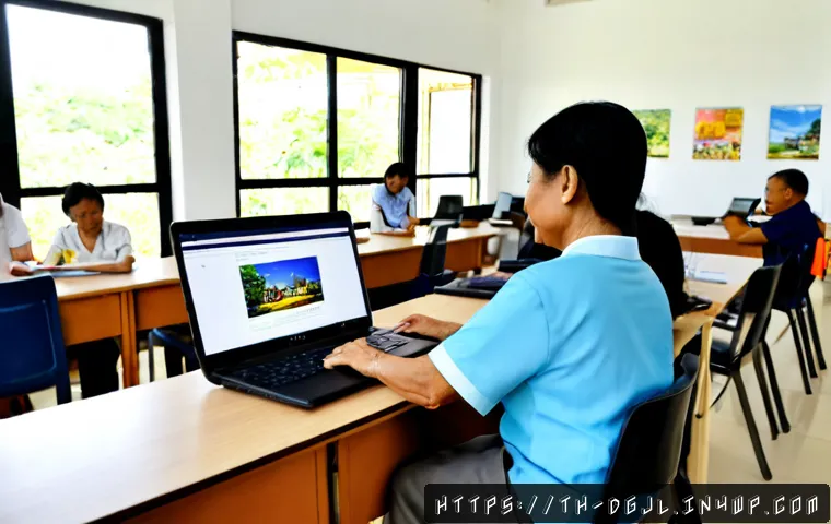 디지털 공유지의 사회적 자원 활용 - Photorealistic community digital commons scene in Thailand, a bright public library technology corne...
